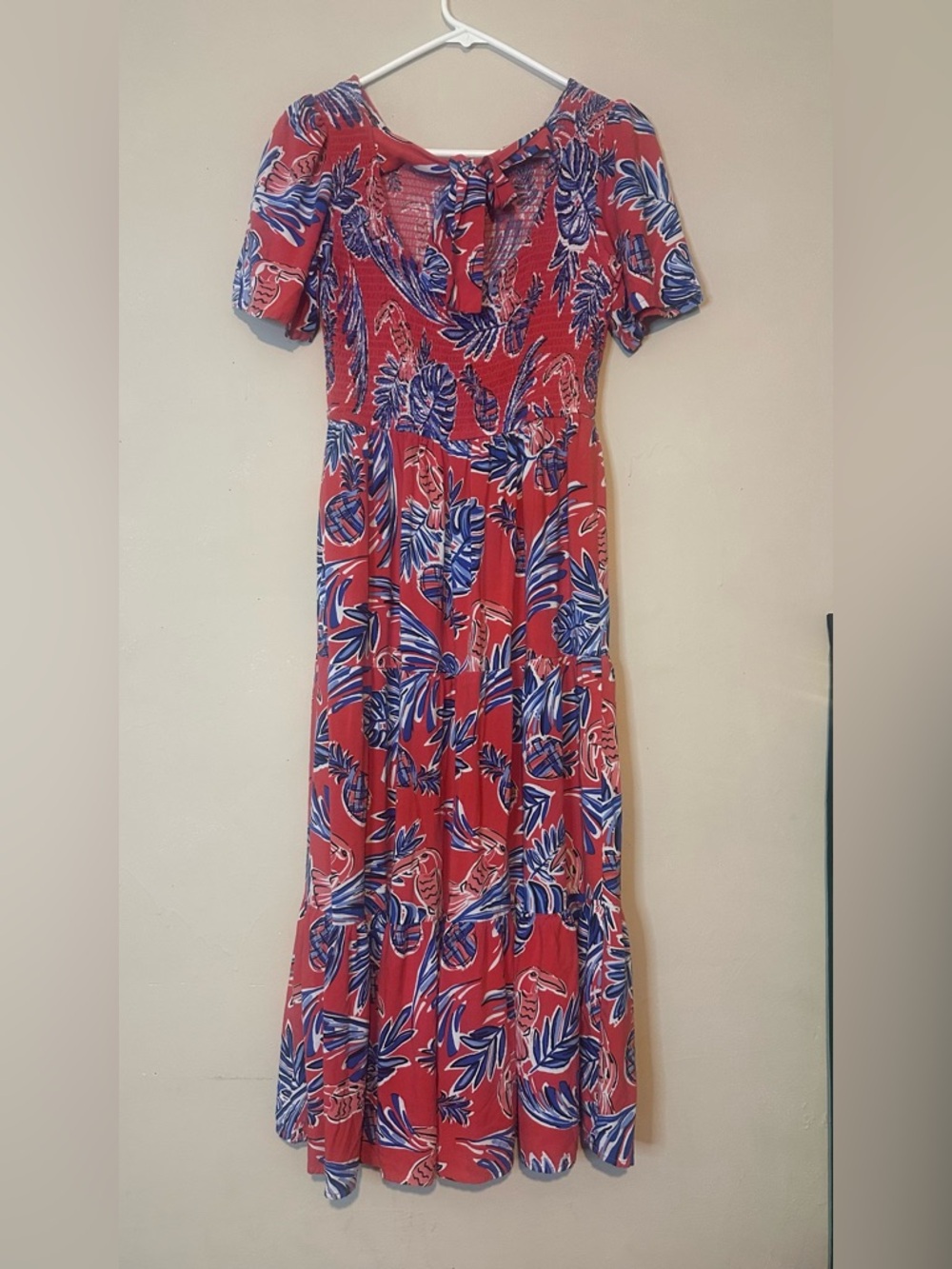Red Tropical Print Dress with Blue Leaf Pattern - Picture 5 of 6